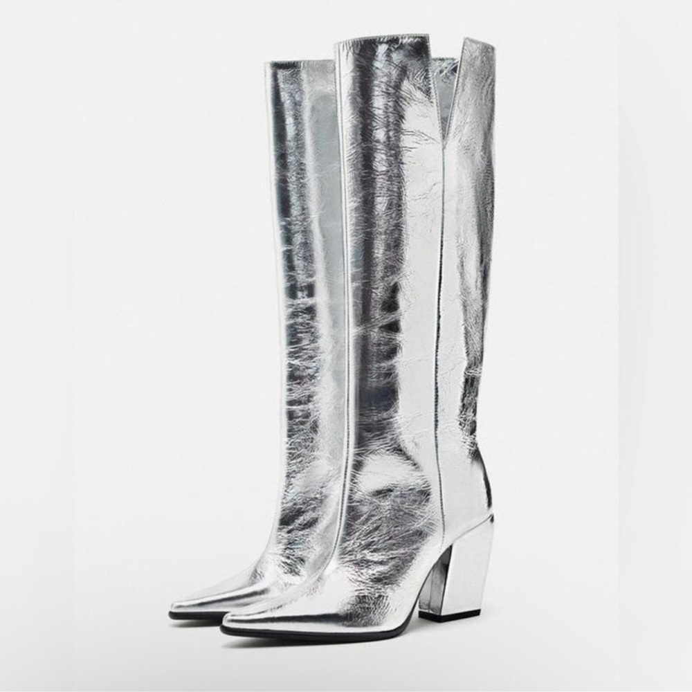 Zara Metallic Silver Heeled Boots